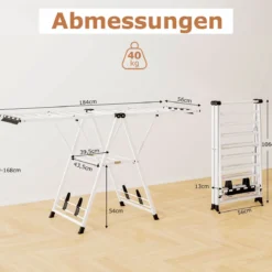 Wäscheständer klappbar mit verstellbaren Flügeln Sockenklammern & Schuhablage Wäschetrockner Weiß 184 cm