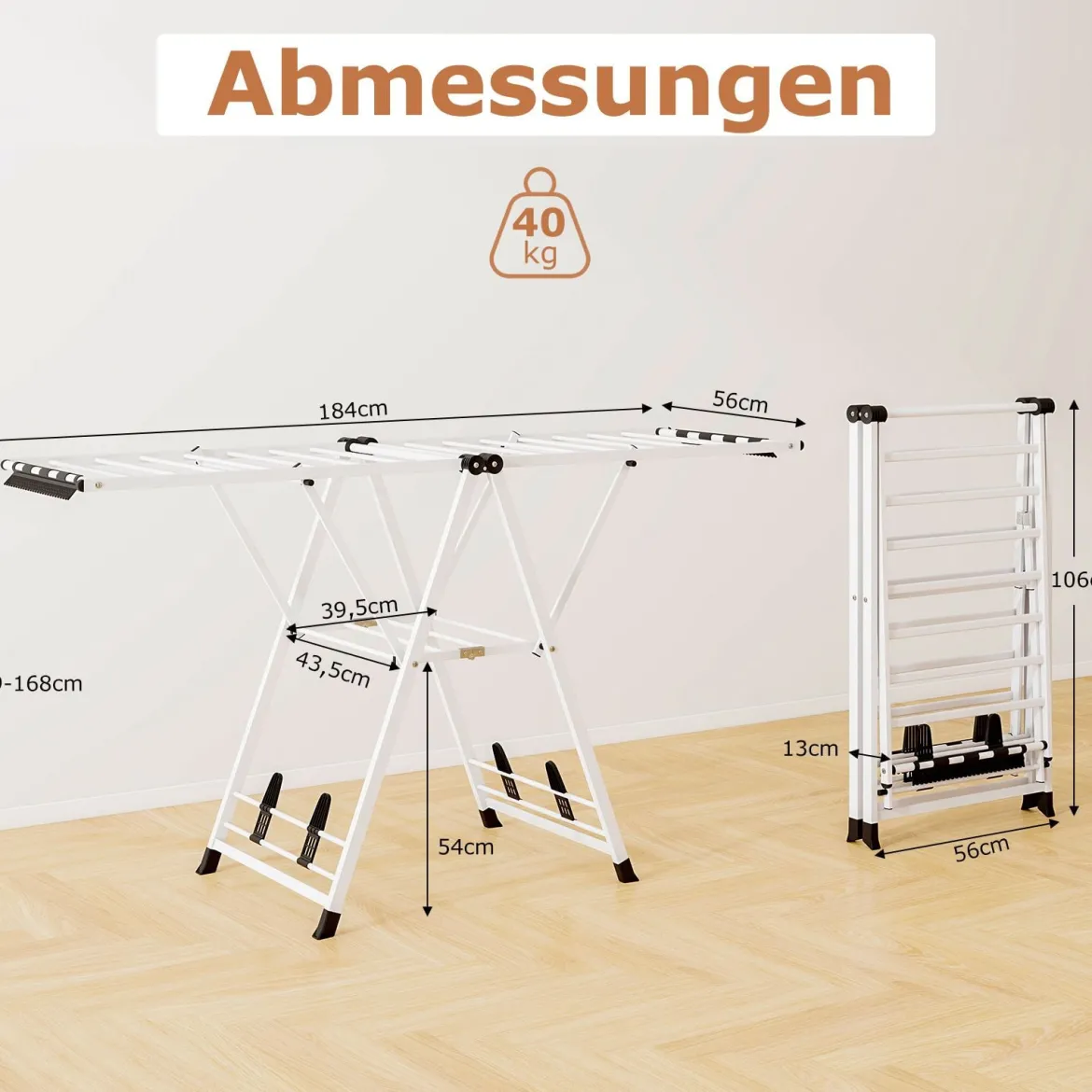 Wäscheständer klappbar mit verstellbaren Flügeln Sockenklammern & Schuhablage Wäschetrockner Weiß 184 cm
