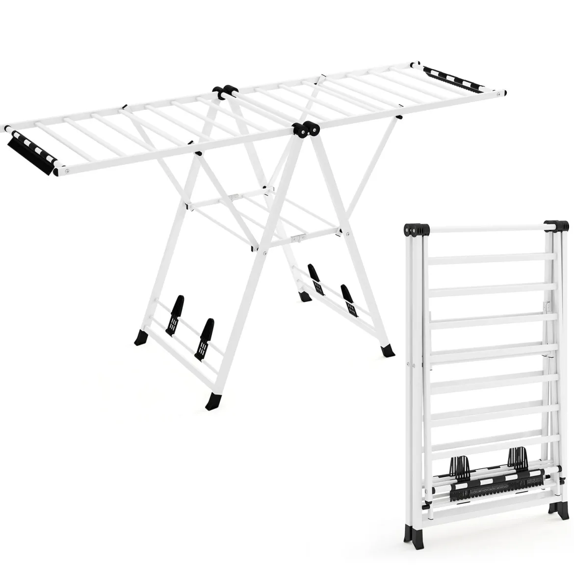 Wäscheständer klappbar mit verstellbaren Flügeln Sockenklammern & Schuhablage Wäschetrockner Weiß 184 cm
