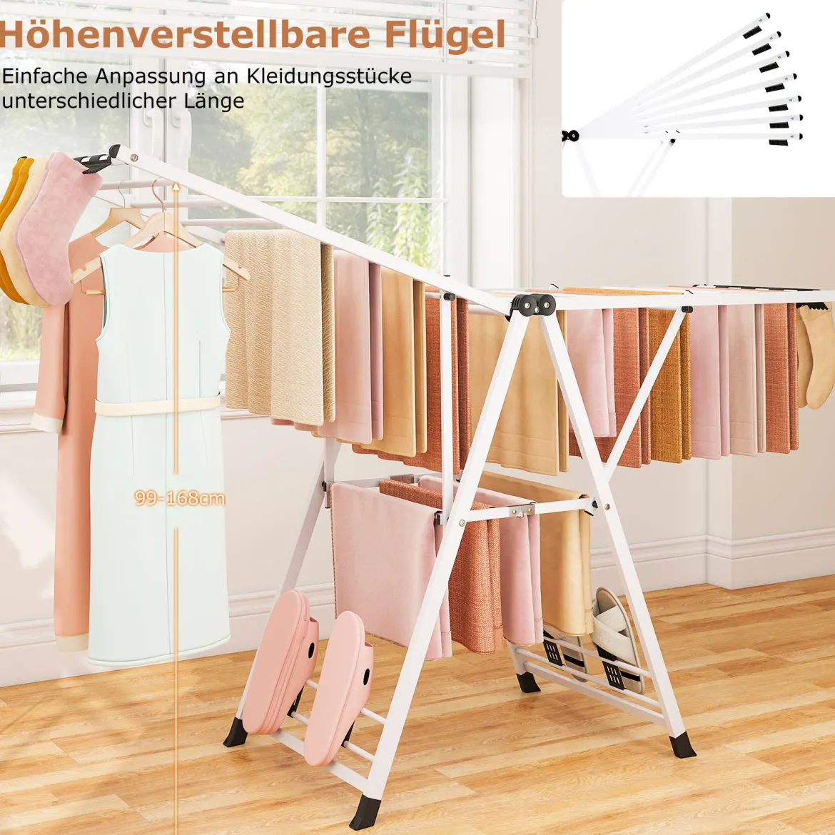 Wäscheständer klappbar mit verstellbaren Flügeln Sockenklammern & Schuhablage Wäschetrockner Weiß 184 cm