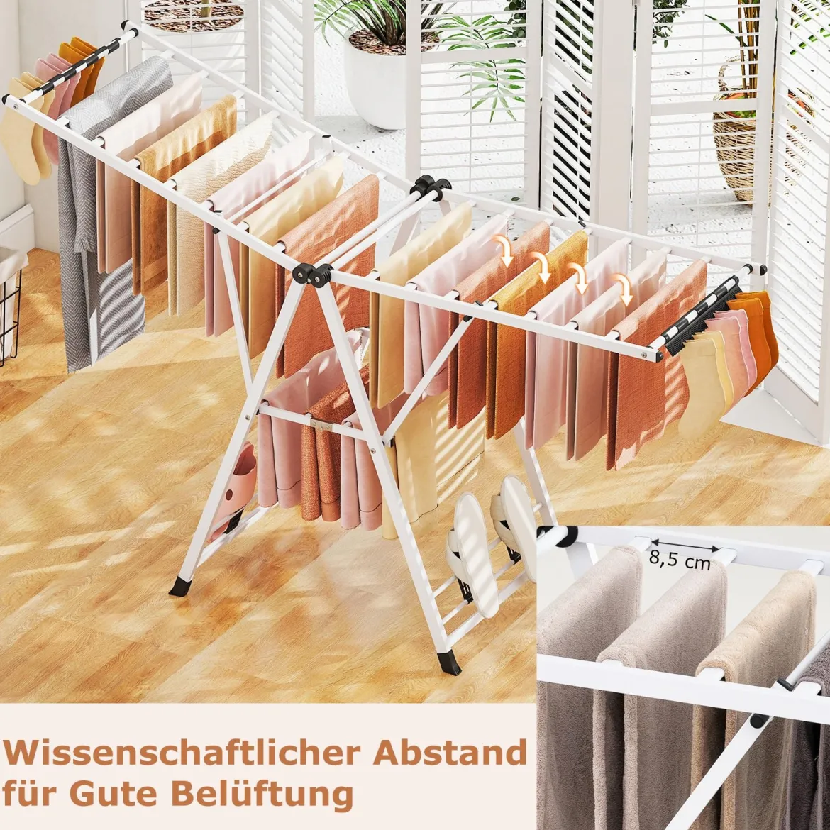 Wäscheständer klappbar mit verstellbaren Flügeln Sockenklammern & Schuhablage Wäschetrockner Weiß 184 cm
