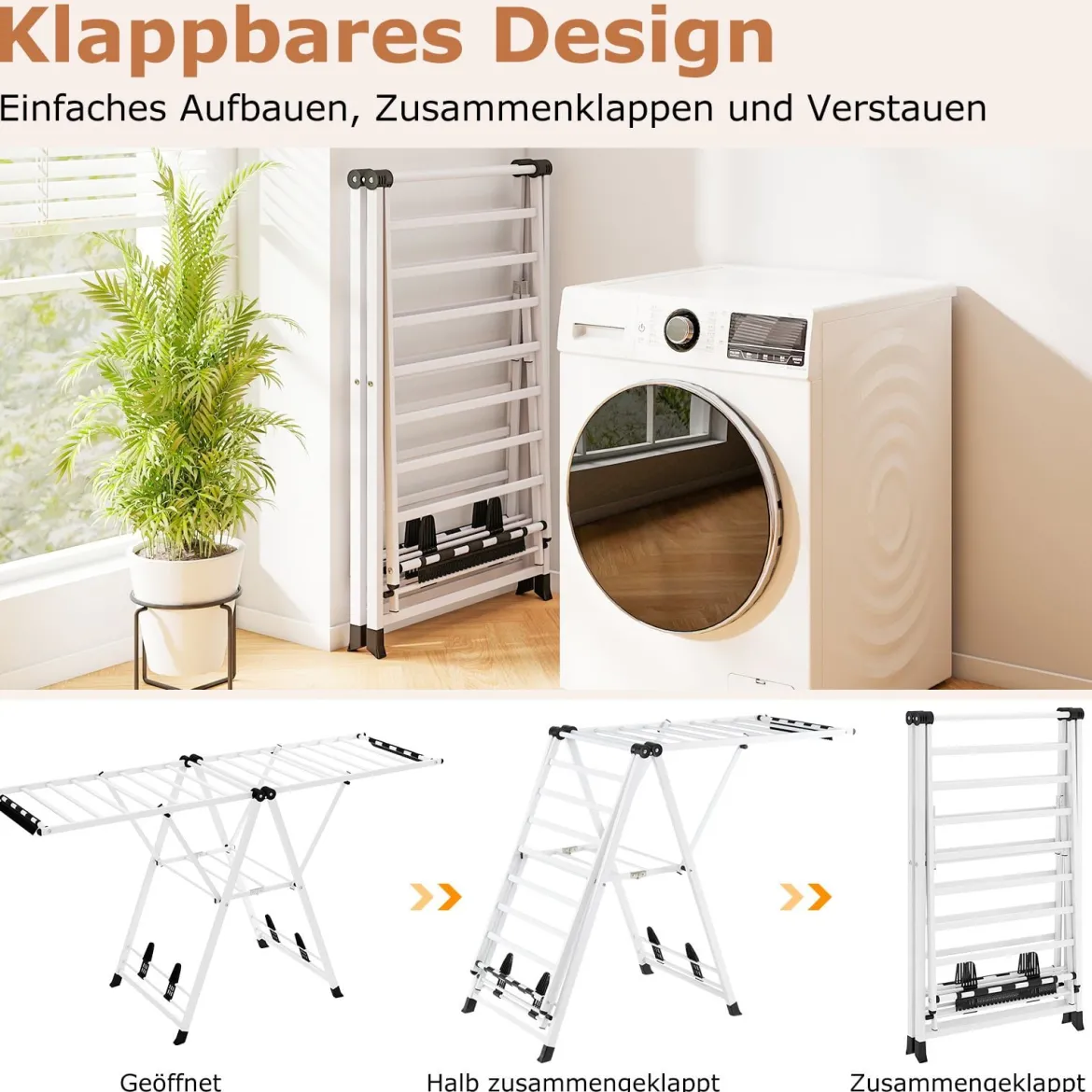 Wäscheständer klappbar mit verstellbaren Flügeln Sockenklammern & Schuhablage Wäschetrockner Weiß 184 cm