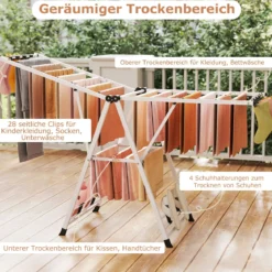 Wäscheständer klappbar mit verstellbaren Flügeln Sockenklammern & Schuhablage Wäschetrockner Weiß 184 cm