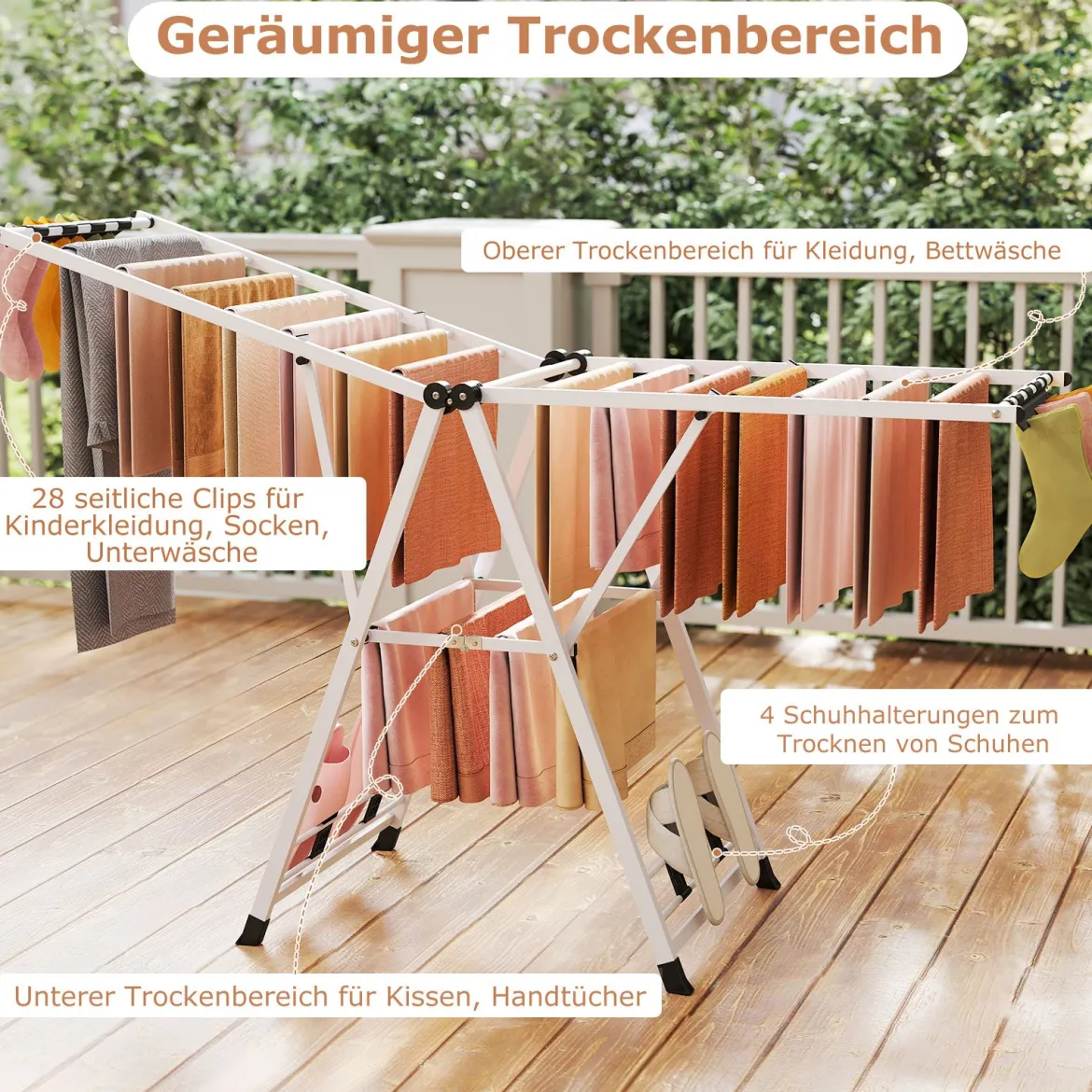 Wäscheständer klappbar mit verstellbaren Flügeln Sockenklammern & Schuhablage Wäschetrockner Weiß 184 cm
