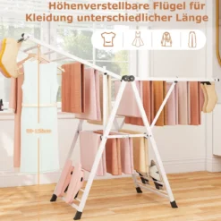 Wäscheständer klappbar mit verstellbaren Flügeln Sockenklammern & Schuhablage Wäschetrockner ausziehbar Weiß 163 cm