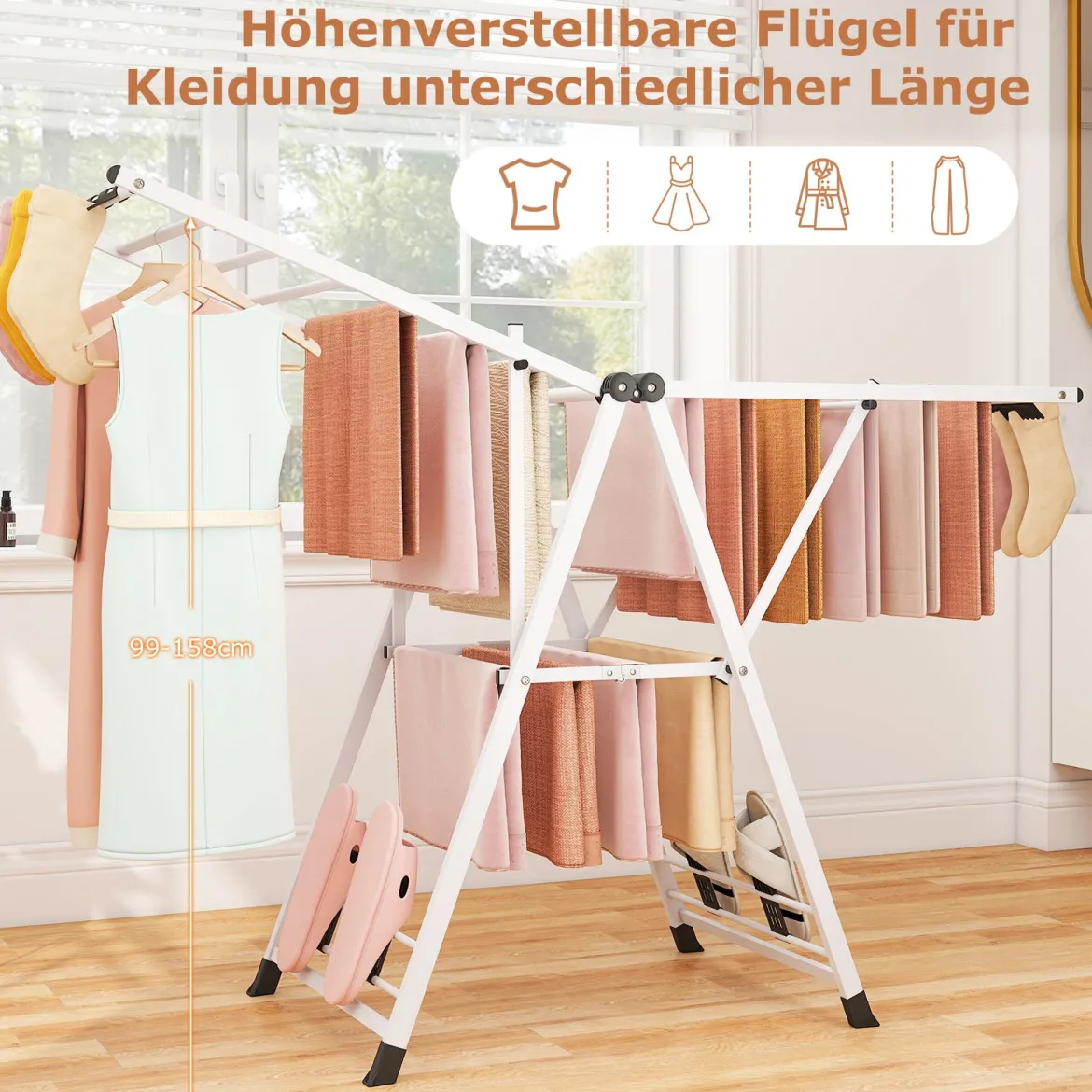 Wäscheständer klappbar mit verstellbaren Flügeln Sockenklammern & Schuhablage Wäschetrockner ausziehbar Weiß 163 cm