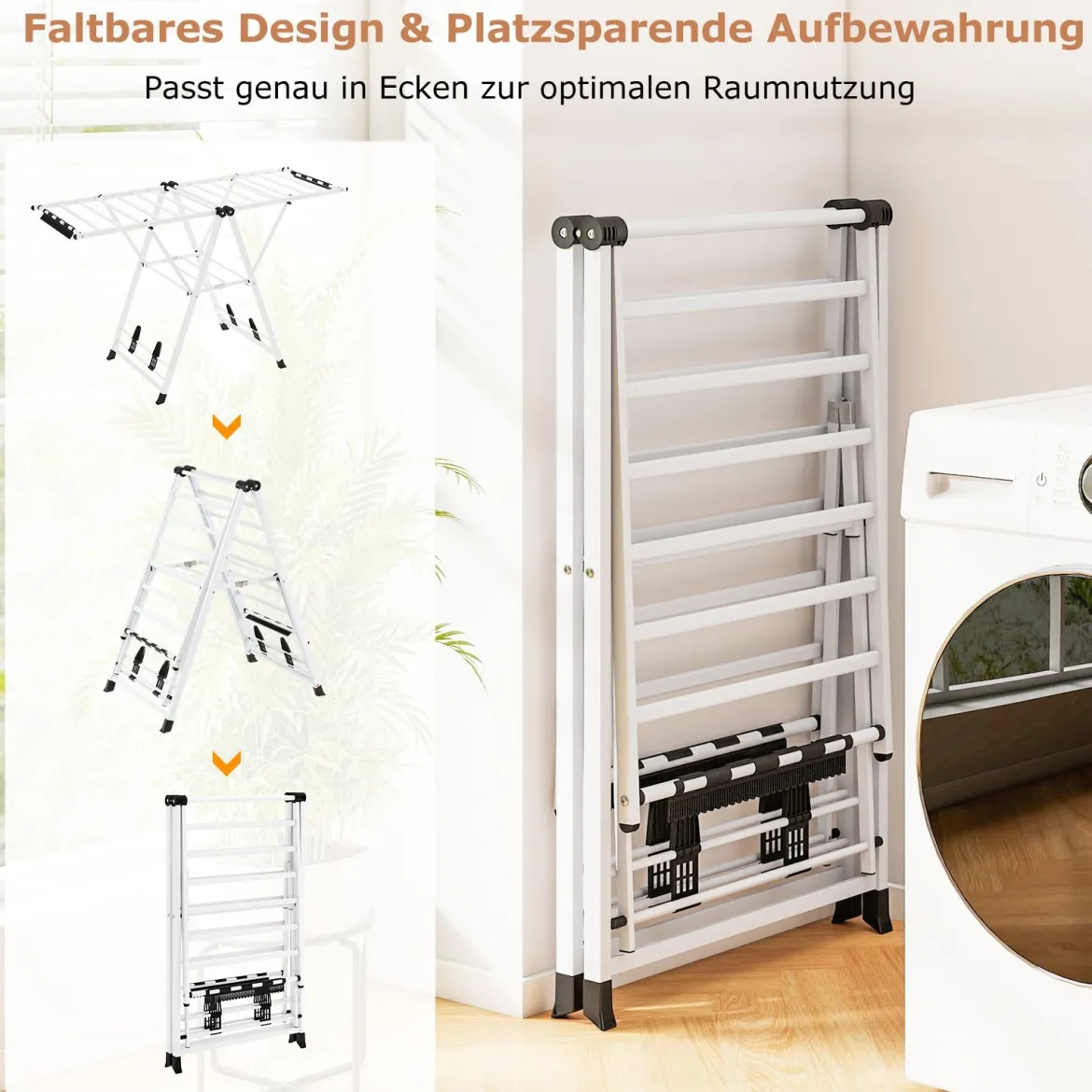 Wäscheständer klappbar mit verstellbaren Flügeln Sockenklammern & Schuhablage Wäschetrockner ausziehbar Weiß 163 cm