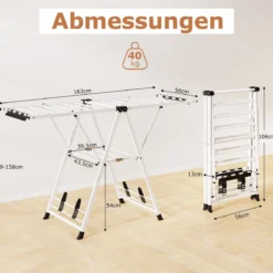 Wäscheständer klappbar mit verstellbaren Flügeln Sockenklammern & Schuhablage Wäschetrockner ausziehbar Weiß 163 cm