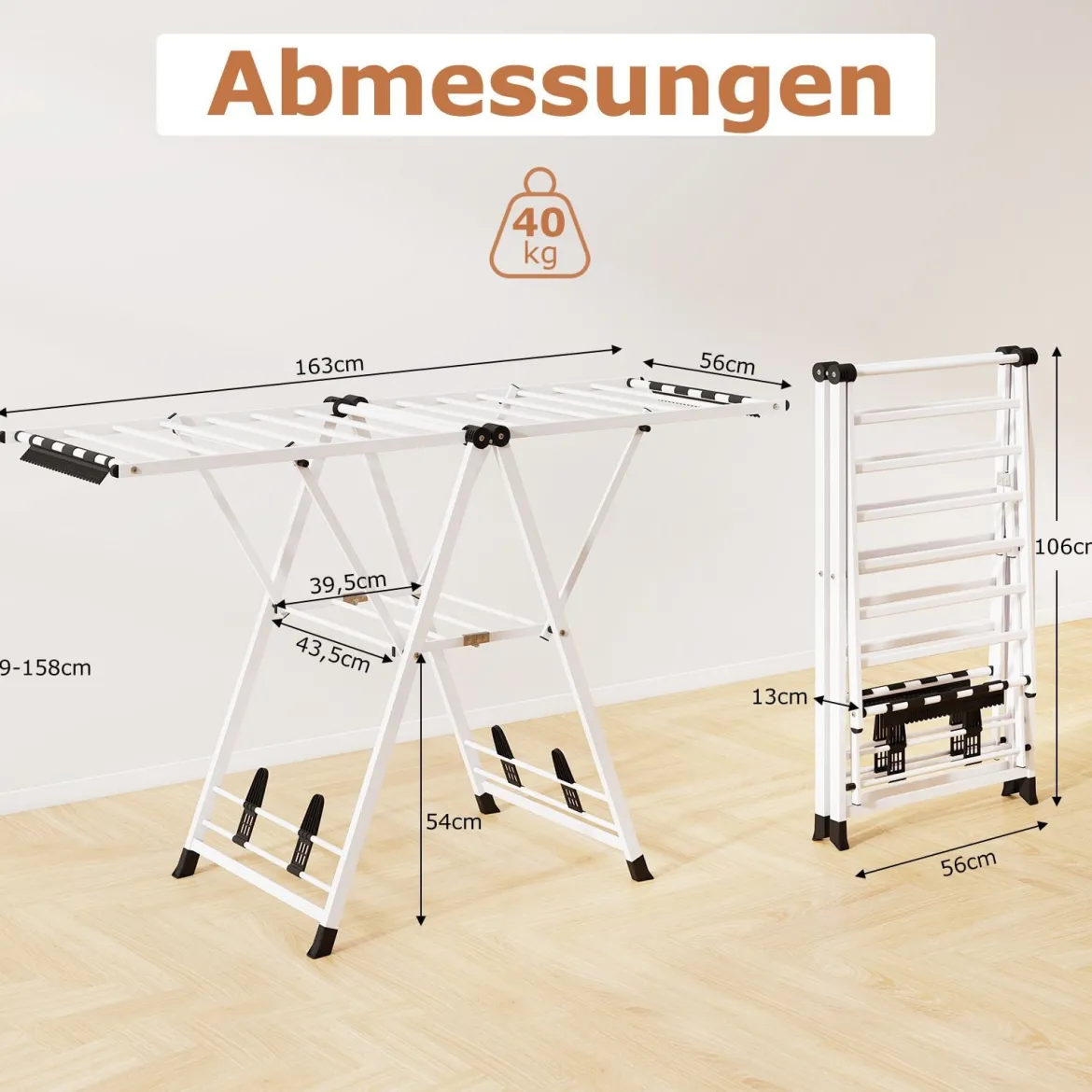 Wäscheständer klappbar mit verstellbaren Flügeln Sockenklammern & Schuhablage Wäschetrockner ausziehbar Weiß 163 cm