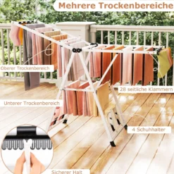 Wäscheständer klappbar mit verstellbaren Flügeln Sockenklammern & Schuhablage Wäschetrockner ausziehbar Weiß 163 cm