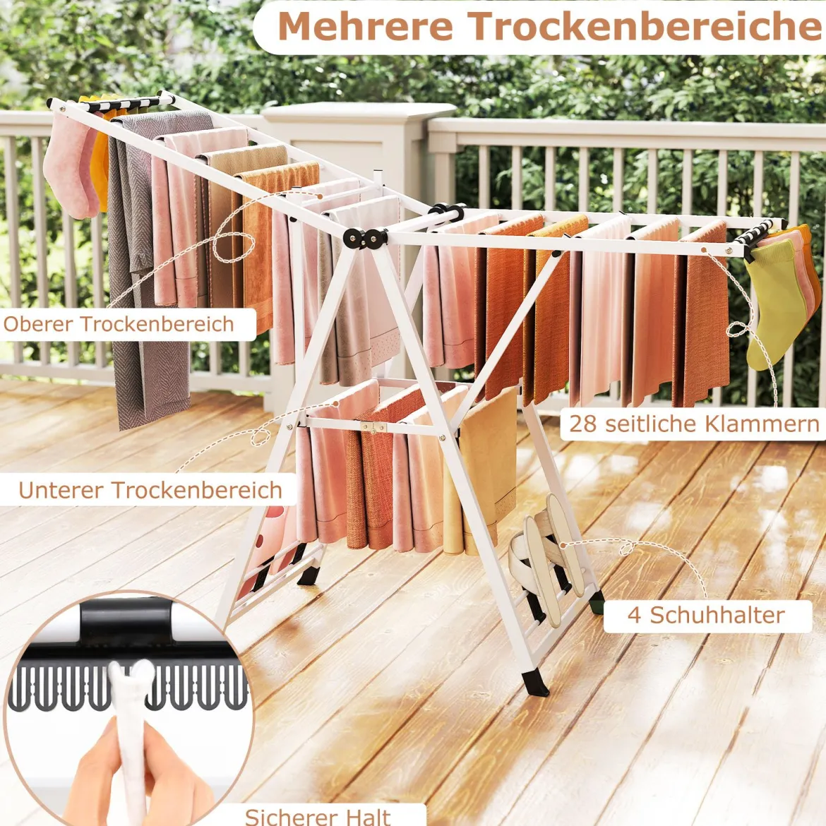 Wäscheständer klappbar mit verstellbaren Flügeln Sockenklammern & Schuhablage Wäschetrockner ausziehbar Weiß 163 cm