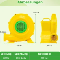 850W Tragbare Luftgebläse Luftgebläsepumpe mit praktischem Griff & Bodenankern Gelb