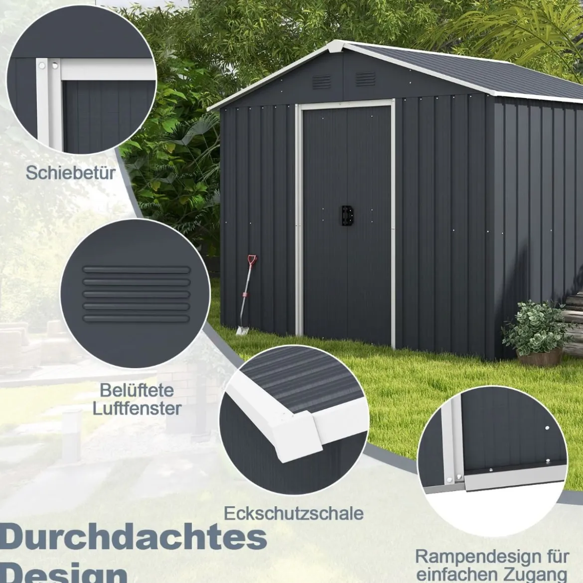 174 x 236 cm Außenspeicher-Schuppen Doppelte Tür Gartenwerkzeughaus Grau