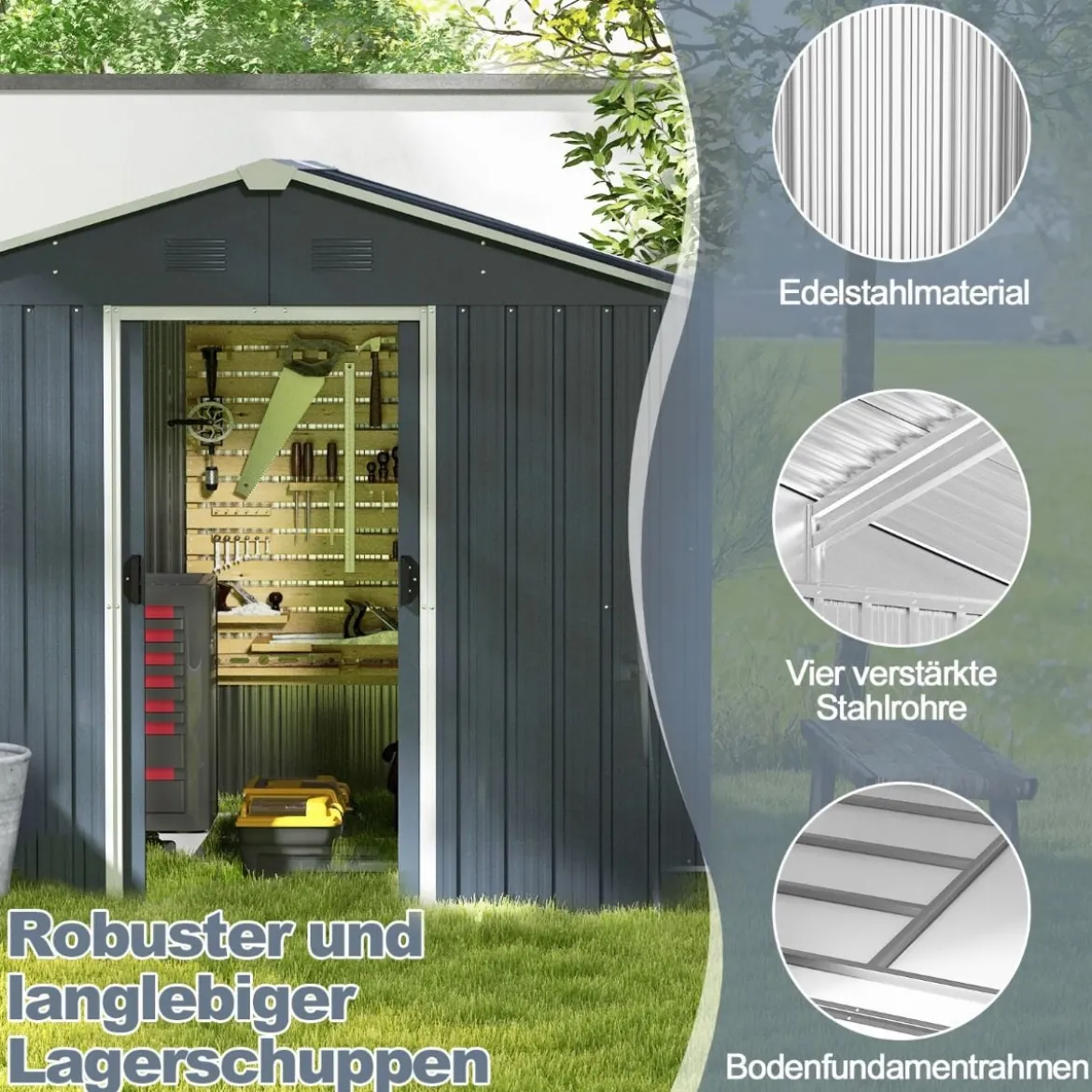 174 x 236 cm Außenspeicher-Schuppen Doppelte Tür Gartenwerkzeughaus Grau