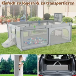 188 x 157 cm Baby Laufstall mit Basketballkorb Fußballtor faltbarem Kleinkind-Laufgitter mit Reißverschlusstür Hellgrau