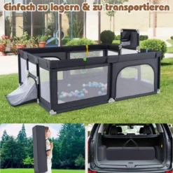 188 x 157 cm Baby Laufstall mit Basketballkorb Fußballtor faltbarem Kleinkind-Laufgitter mit Reißverschlusstür Dunkelgrau