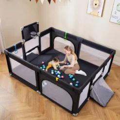 188 x 157 cm Baby Laufstall mit Basketballkorb Fußballtor faltbarem Kleinkind-Laufgitter mit Reißverschlusstür Dunkelgrau