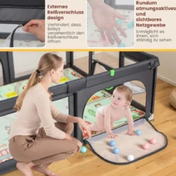 188 x 157cm Baby Laufstall mit Matratze & Basketballkorb & Fußballnetzen Laufgitter Dunkelgrau