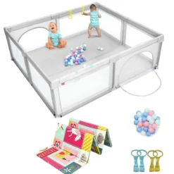 206 x 186cm Baby Laufstall mit Matratze Laufgitter mit 50 Spielbällen (Grau Laufstall + Rosa Matratze)