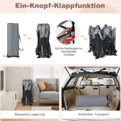 138 x 138 cm Baby Laufstall mit Netz Klappbarer Laufgitter mit Tragetasche Dunkelgrau