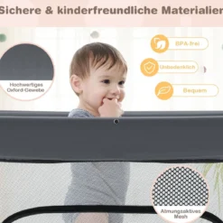 138 x 138 cm Baby Laufstall mit Netz Klappbarer Laufgitter mit Tragetasche Dunkelgrau