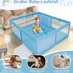 200 x 180 cm Baby Laufstall mit 50 Ozeanbällen & 4 Griffen & Tür Laufgitter Krabbelgitter Dunkelblau