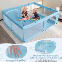 200 x 180 cm Baby Laufstall mit 50 Ozeanbällen & 4 Griffen & Tür Laufgitter Krabbelgitter Dunkelblau