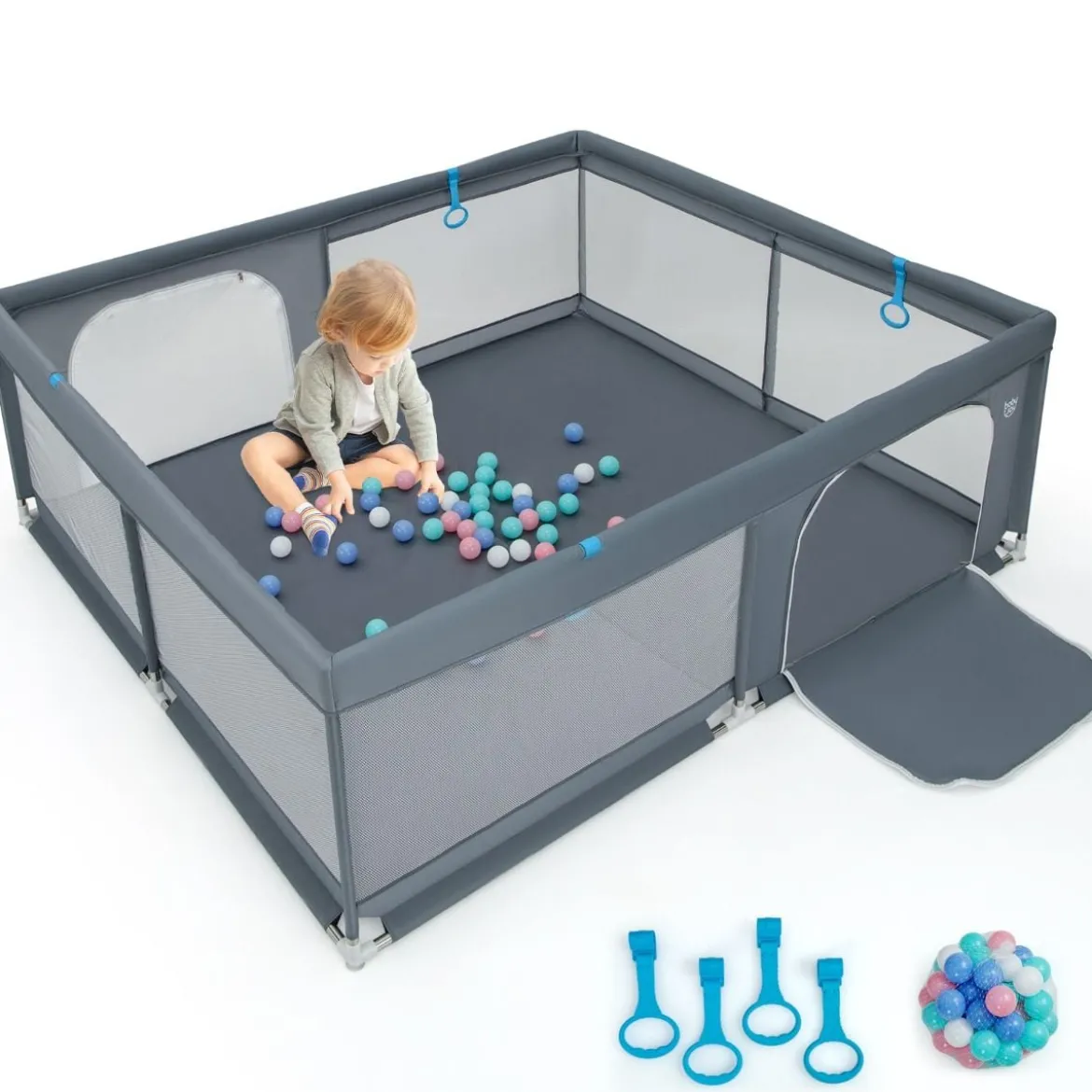 200 x 180 cm Baby Laufstall mit 50 Ozeanbällen & 4 Griffen & Tür Laufgitter Krabbelgitter Grau