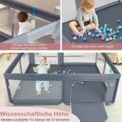 200 x 180 cm Baby Laufstall mit 50 Ozeanbällen & 4 Griffen & Tür Laufgitter Krabbelgitter Grau