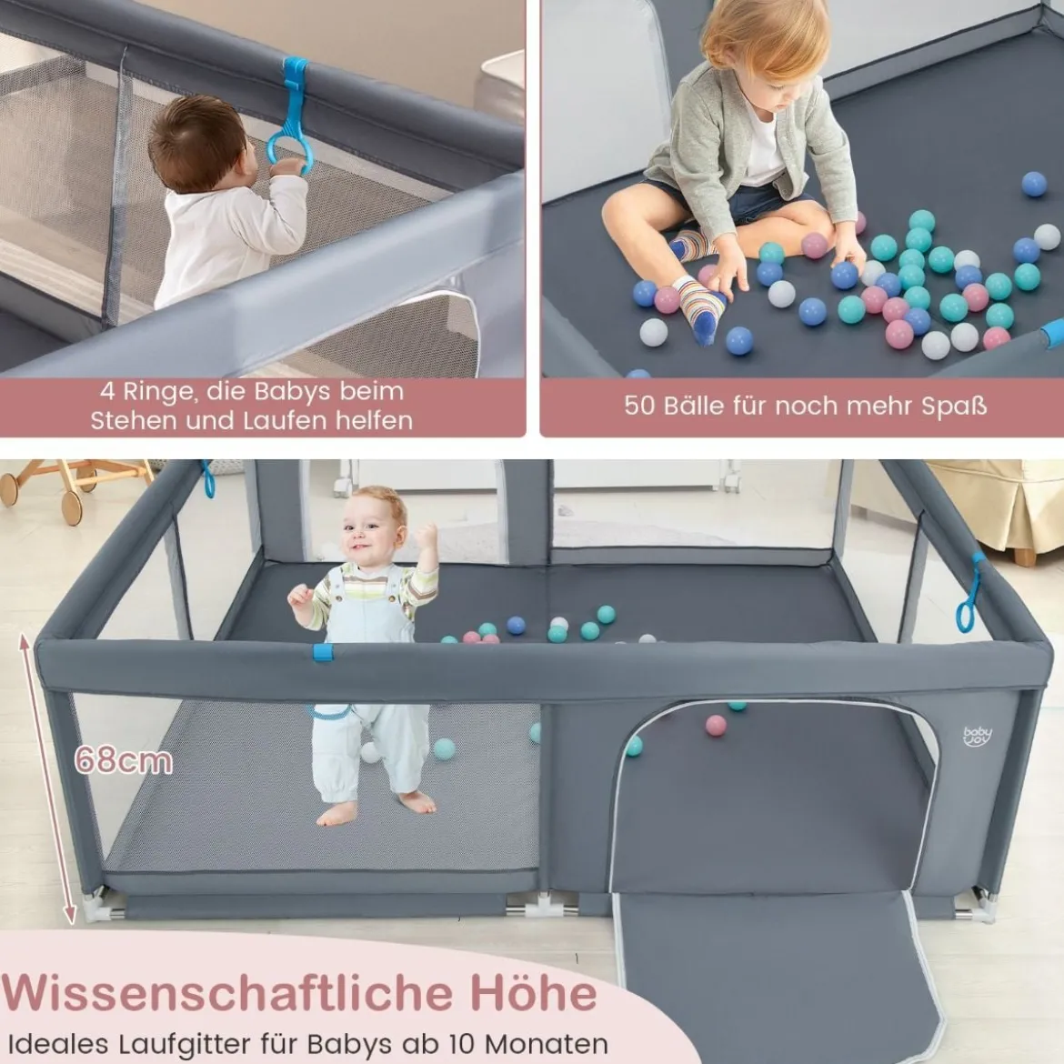 200 x 180 cm Baby Laufstall mit 50 Ozeanbällen & 4 Griffen & Tür Laufgitter Krabbelgitter Grau