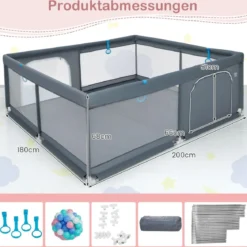200 x 180 cm Baby Laufstall mit 50 Ozeanbällen & 4 Griffen & Tür Laufgitter Krabbelgitter Grau