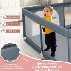 200 x 180 cm Baby Laufstall mit 50 Ozeanbällen & 4 Griffen & Tür Laufgitter Krabbelgitter Grau