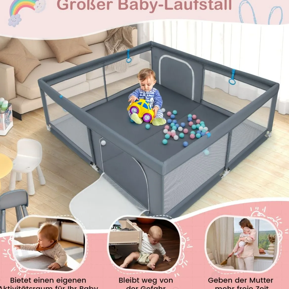 200 x 180 cm Baby Laufstall mit 50 Ozeanbällen & 4 Griffen & Tür Laufgitter Krabbelgitter Grau
