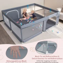 200 x 180 cm Baby Laufstall mit 50 Ozeanbällen & 4 Griffen & Tür Laufgitter Krabbelgitter Grau