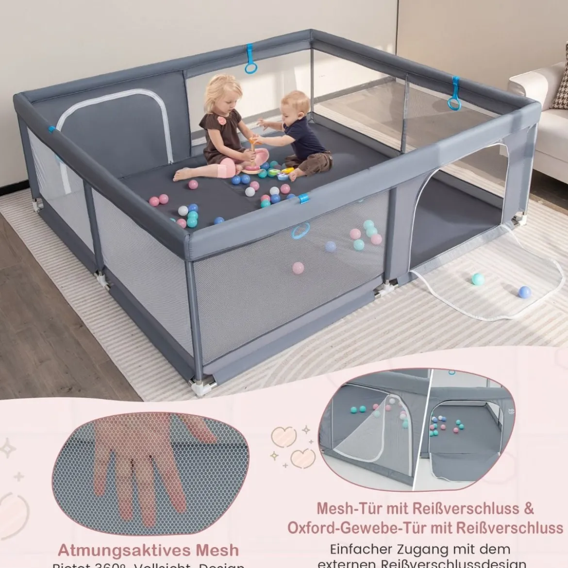 200 x 180 cm Baby Laufstall mit 50 Ozeanbällen & 4 Griffen & Tür Laufgitter Krabbelgitter Grau