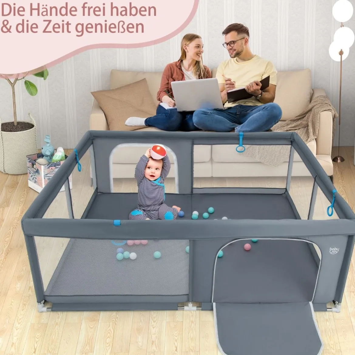 200 x 180 cm Baby Laufstall mit 50 Ozeanbällen & 4 Griffen & Tür Laufgitter Krabbelgitter Grau