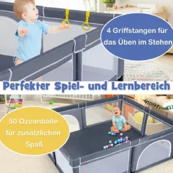 206 x 186cm Baby Laufstall mit 50 Spielbällen Laufgitter mit Matratze (Dunkelgrau Laufstall + Grün Matratze)