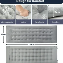 190 x 70 cm Baumwolle Feldbett Auflage 7 cm Dicke Martratze mit 4 Befestigungsbändern Grau
