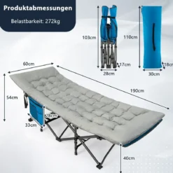 190 x 70 cm Baumwolle Feldbett Auflage 7 cm Dicke Martratze mit 4 Befestigungsbändern Grau