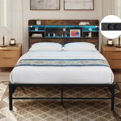 140 x 200 cm Bettgestell mit LED-Beleuchtung & Ladestation Doppelbett Plattformbett Bettrahmen