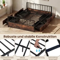 140 x 200 cm Bettgestell mit 2 Schubladen & Kopfteil & Fußteil Industriell Doppelbett mit Lattenrost
