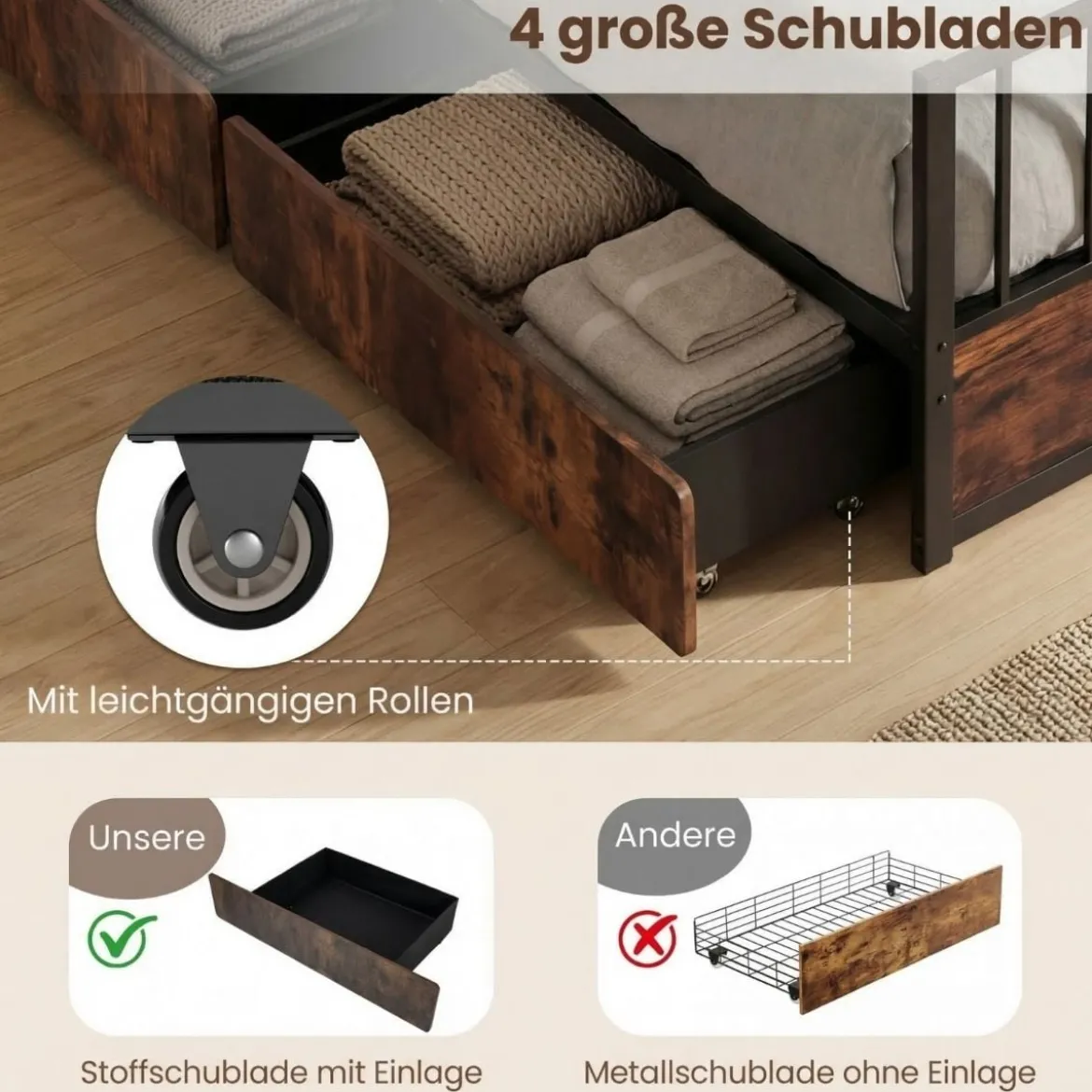 140 x 200 cm Bettgestell mit 2 Schubladen & Kopfteil & Fußteil Industriell Doppelbett mit Lattenrost