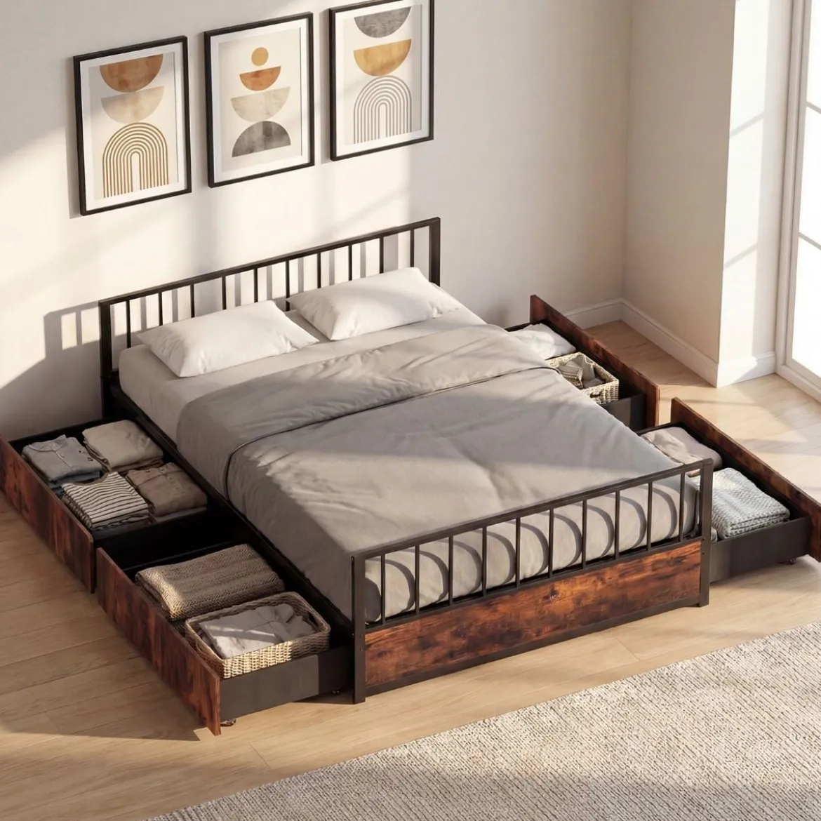 140 x 200 cm Bettgestell mit 2 Schubladen & Kopfteil & Fußteil Industriell Doppelbett mit Lattenrost