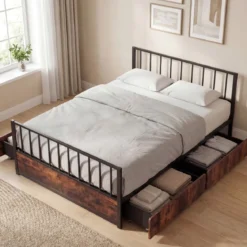 140 x 200 cm Bettgestell mit 2 Schubladen & Kopfteil & Fußteil Industriell Doppelbett mit Lattenrost