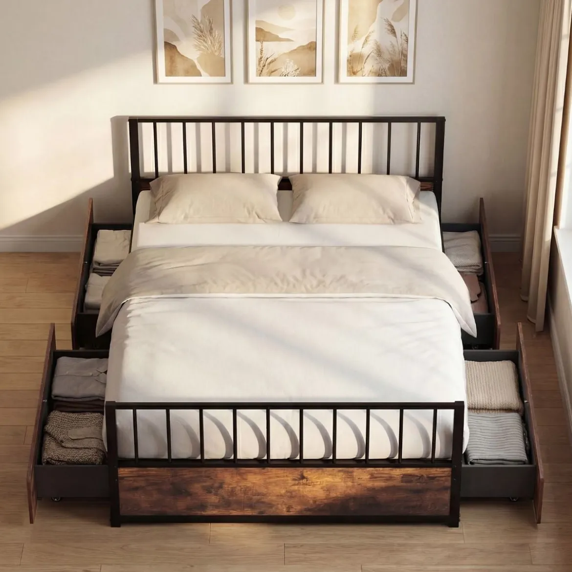 140 x 200 cm Bettgestell mit 2 Schubladen & Kopfteil & Fußteil Industriell Doppelbett mit Lattenrost