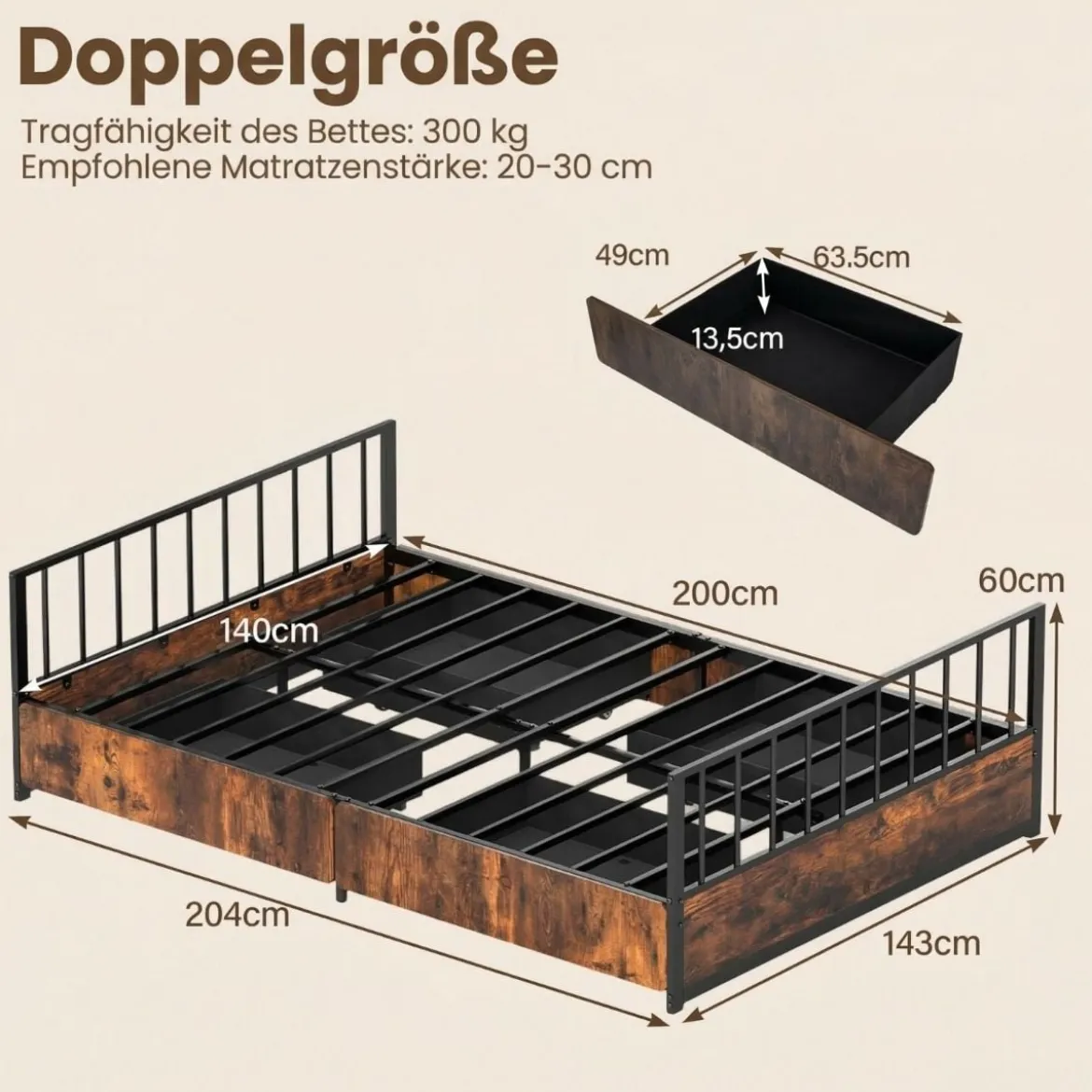 140 x 200 cm Bettgestell mit 2 Schubladen & Kopfteil & Fußteil Industriell Doppelbett mit Lattenrost