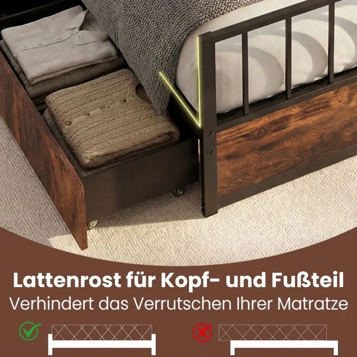 140 x 200 cm Bettgestell mit 2 Schubladen & Kopfteil & Fußteil Industriell Doppelbett mit Lattenrost