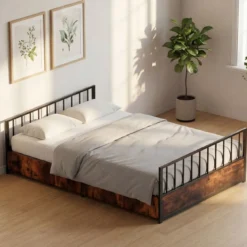 140 x 200 cm Bettgestell mit 2 Schubladen & Kopfteil & Fußteil Industriell Doppelbett mit Lattenrost