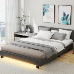 140 x 200 cm Bett mit LED Beleuchtung Polsterbett mit Lattenrost Bettgestell Bettrahmen Grau