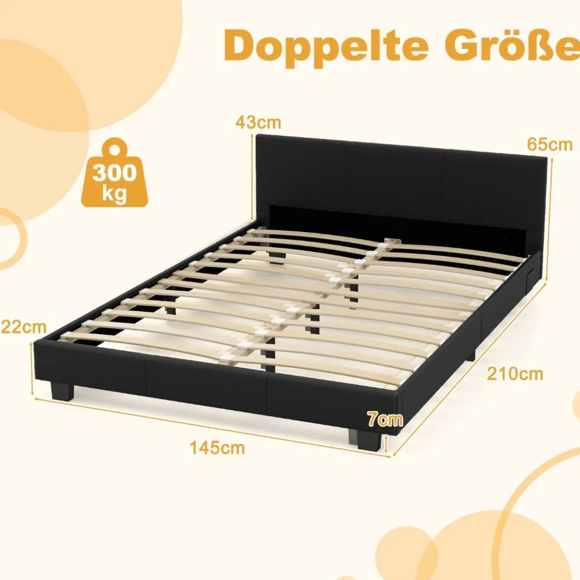 140 x 200 cm Bett mit LED Beleuchtung Polsterbett mit Lattenrost Bettgestell Bettrahmen Schwarz
